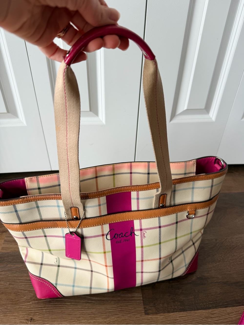 COACH | Heritage Stripe Tattersall Plaid Tote | Plaid Shoulder Bag | Travel Tote - Picture 14 of 17